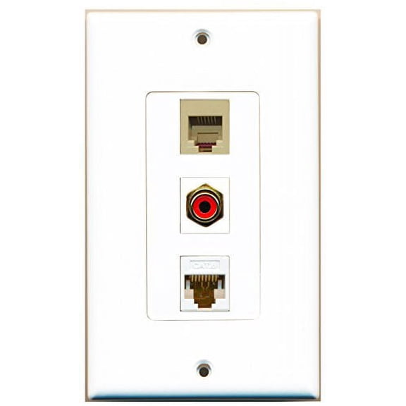 RiteAV - 1 Port RCA Red and 1 Port Phone RJ11 RJ12 Beige and 1 Port Cat6 Ethernet White Decorative Wall Plate Decorative