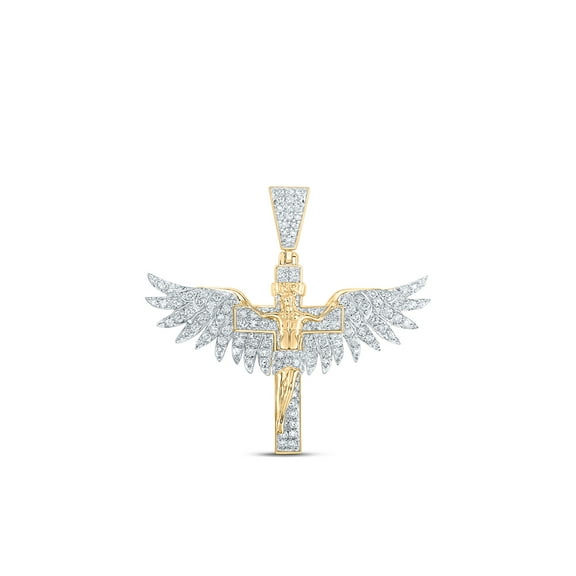 10kt Yellow Gold Mens Round Diamond Jesus Wings Cross Charm Pendant 1 Cttw