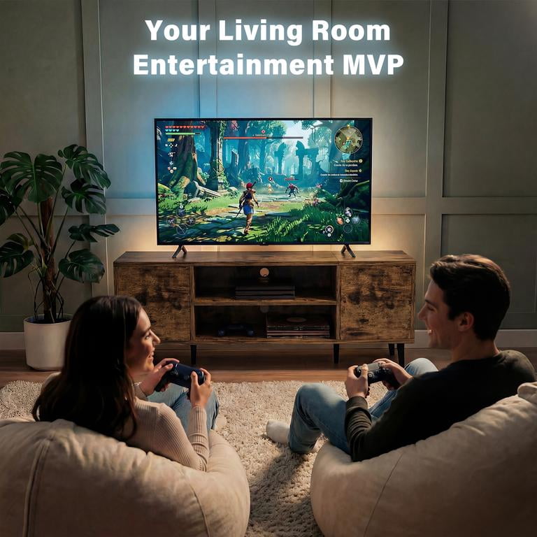 Vineego TV Stand for 55 Inch TV with 2 Push-to-Open Doors, Mid-Century Modern Media Console with Open Shelves, Entertainment Center for Living Room Bedroom, Brown