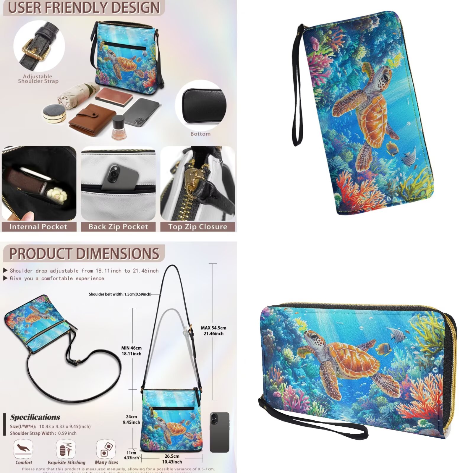 ZUXONGSY Sea Turtle Coral Print PU Leather Crossbody Hobo Bag and Wallet Set for Women, Adjustable Strap, Perfect for Travel, Work & Shopping