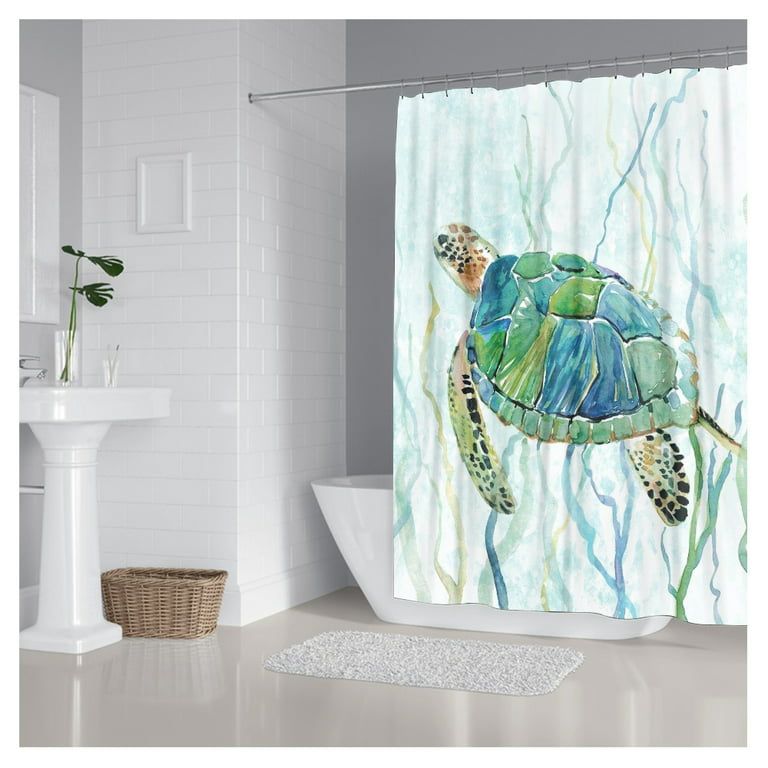 Blue Ocean Shower Curtain for Bathroom Coastal Beach Decoration Teal Sea  Turtle Curtain Set with Hooks 