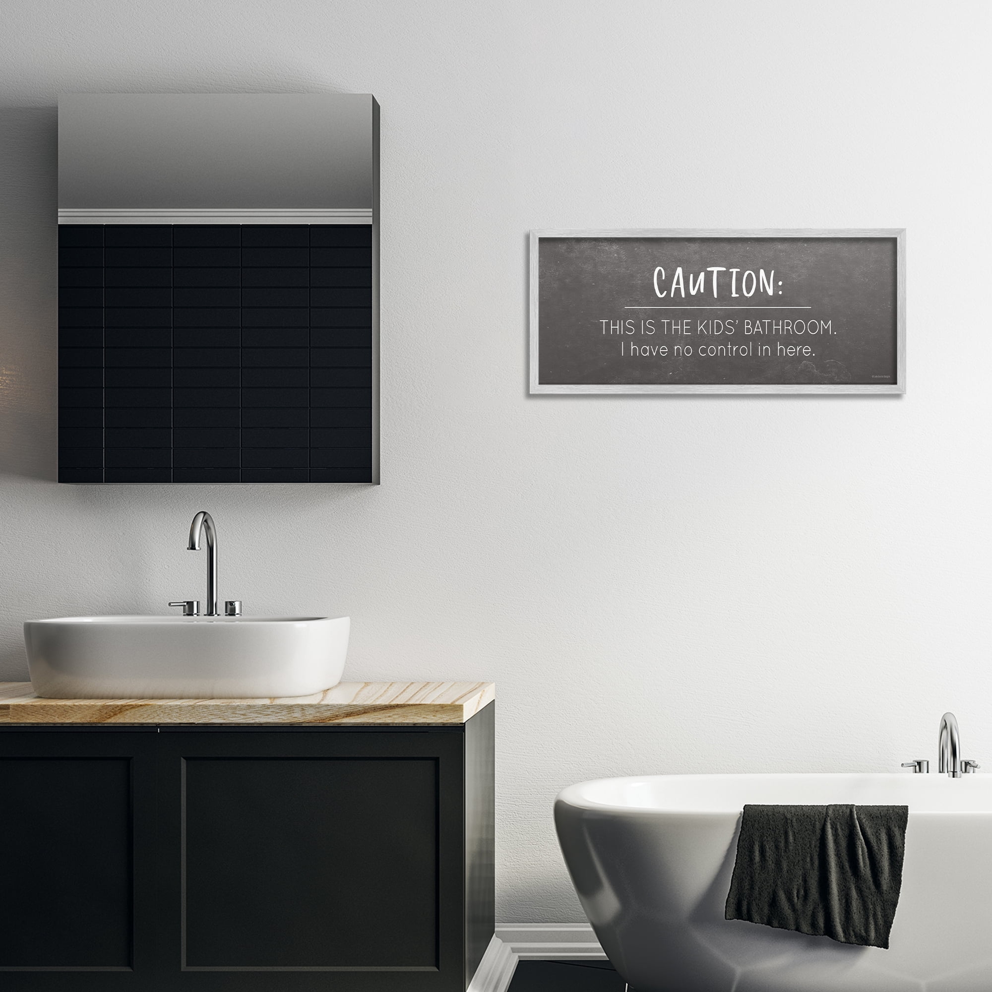 Stupell Industries No Control Here Bathroom Typography Painting Gray Framed Art Print Wall Art, 30 x 13