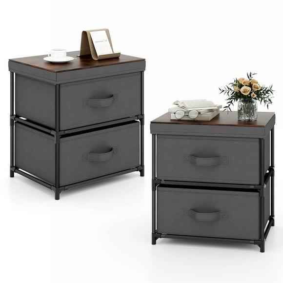 Gymax 2PCS 2 Drawer Dresser Fabric Storage Organizer Nightstand Bedside Sofa Table