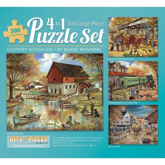Bits and Pieces Bundle of Four 4-in-1 300 Piece Country Jigsaw Puzzles by Ruane Manning 16" x 20"