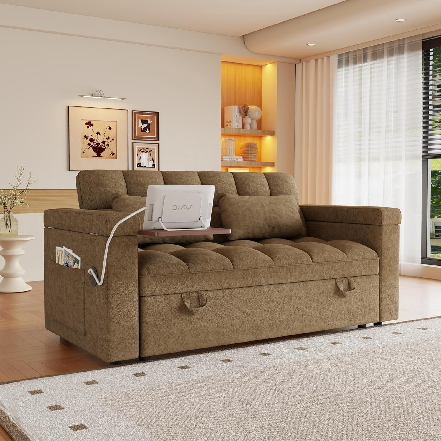 3 in 1 Convertible Sleeper Sofa,Sleeper Couch with Pull Out Bed, Storage Armrests and Laptop Table for Living Room,Sleeper Sofa, Pullout Couch Bed