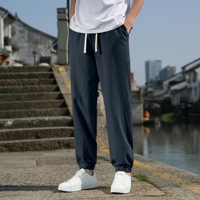 Pantalones largos para hombre, moda de verano, lisos, informales, con cintura elástica y bolsillos