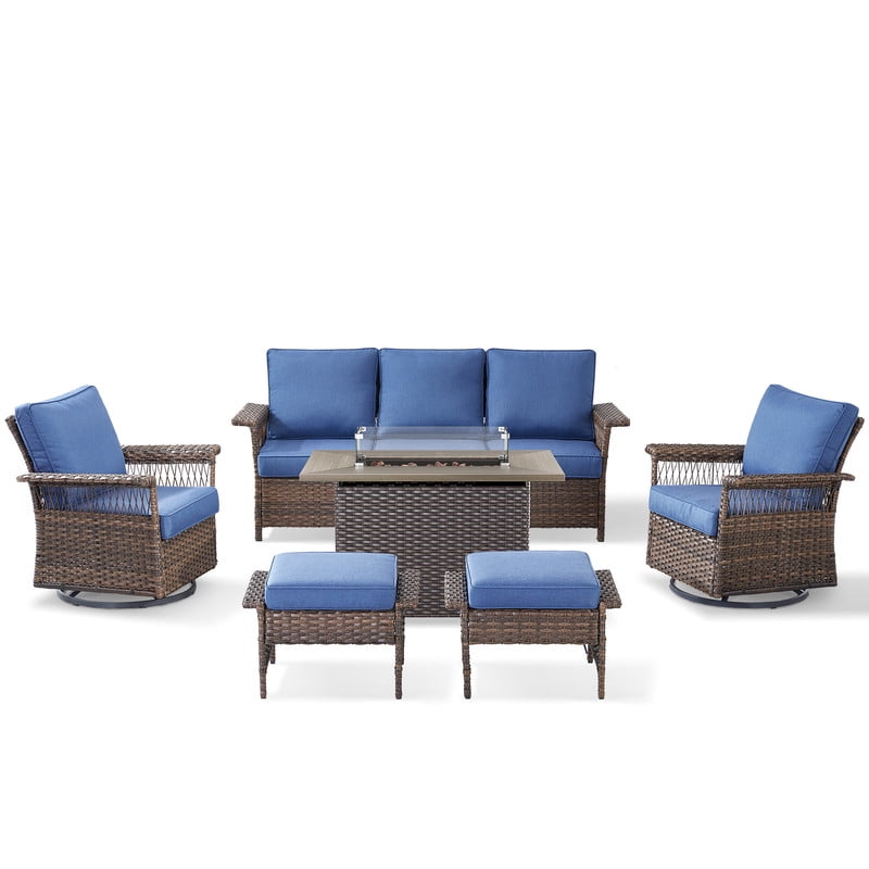 PARKWELL 6 Pieces Patio Furniture Set with Fire Pit Table, Outdoor 7-Seat Wicker Conversation Couch Set with Swivel Gliders Chairs, Deep Seating Furniture for Porch Deck, Brown/Navy