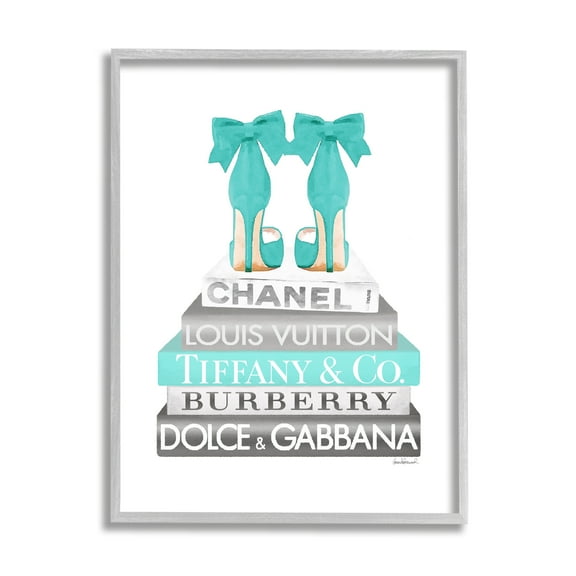 Stupell Industries Turquoise Designer Heels on Modern Glam Bookstack Glam Painting Gray Framed Art Print Wall Art, 24 x 30, Design by Amanda Greenwood