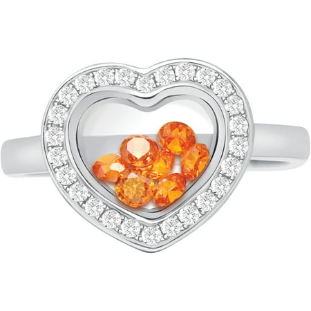Chetan Collection Floating Orange CZ Sterling Silver Designer Heart-Shape Ring