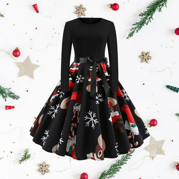 Vestido de Navidad para mujer Casual Navidad Manga larga Vintage 50S Estampado acampanado Imprimir 1 Colcomx Vestido de manga larga