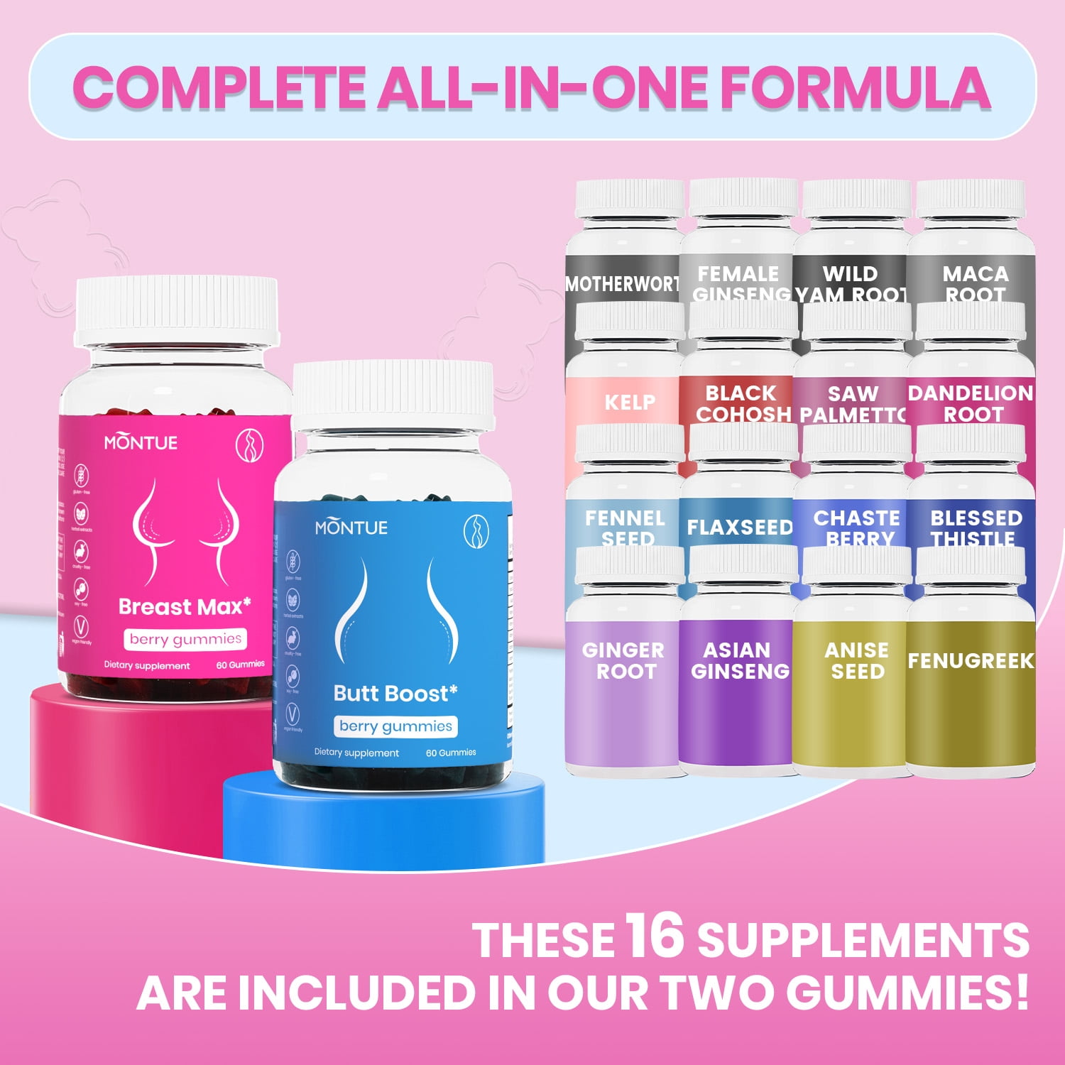 BFQN Top & Peach Support Multivitamin Gummies Combo Pack for Women – with Herbal Extracts & Essential Vitamins, Berry Flavor, 2-Pack (120 Gummies)
