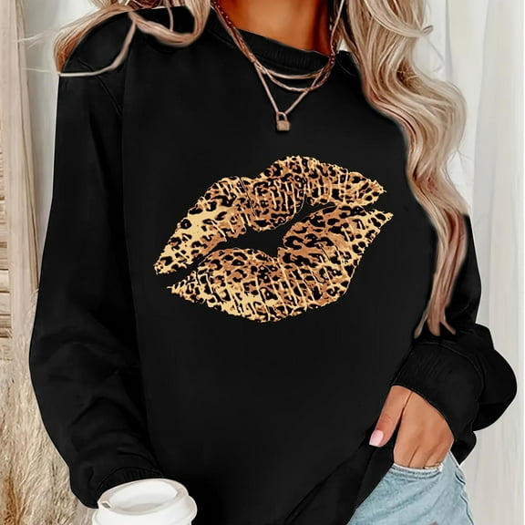 Leopard Lip Print Sweatshirt, Crew Neck Casual Sweatshirt For Winter & Fall, Women's Clothing