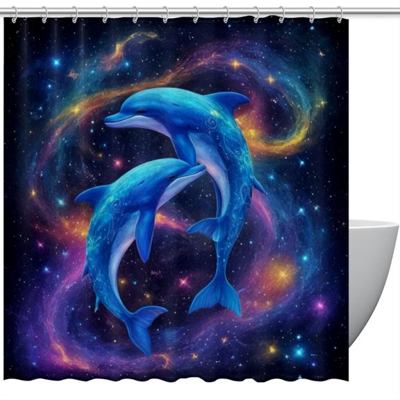HemaKeyy Multicolor Polyester Shower Curtain with Hooks Starry Sky Auspicious Clouds Dolphins