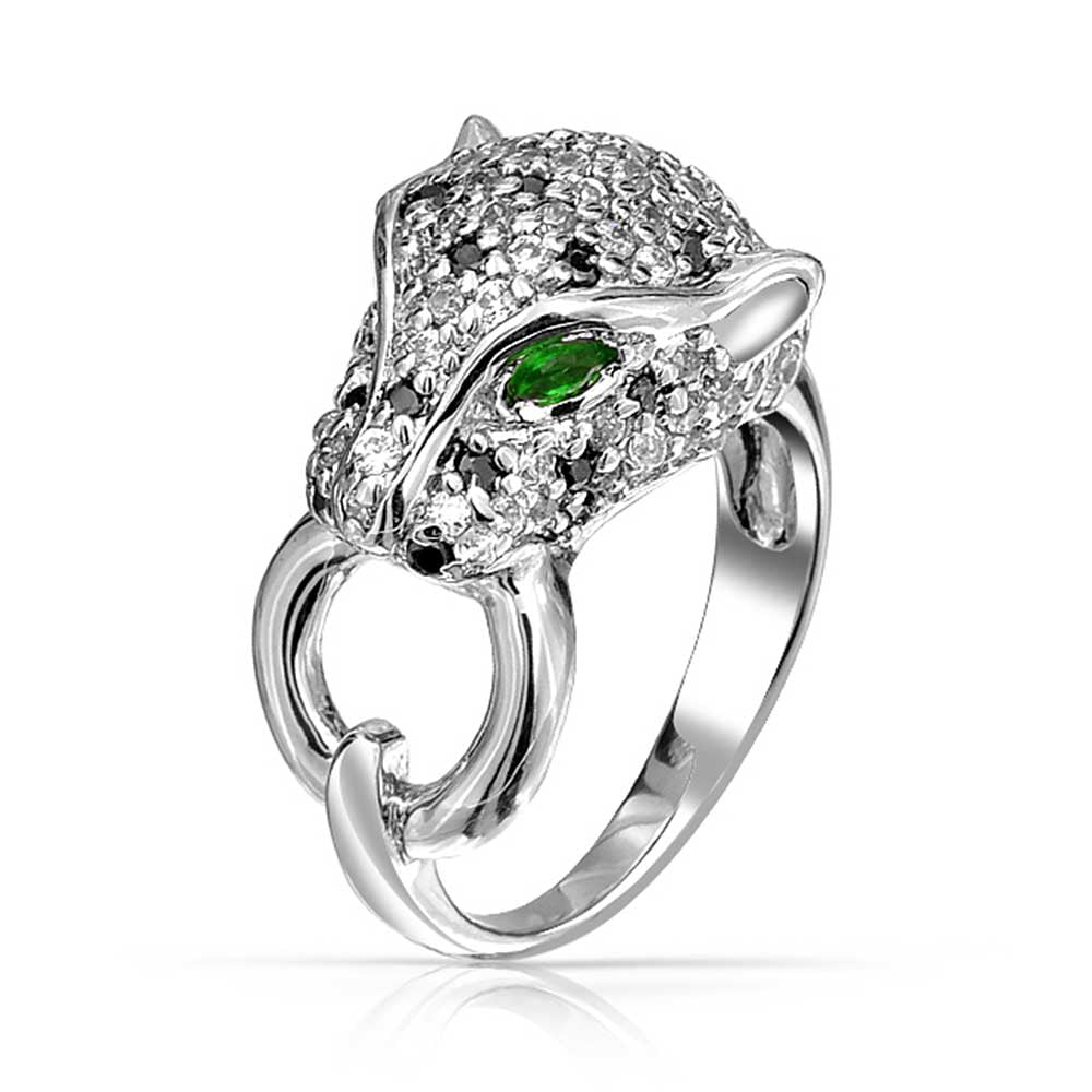 Green Eye Black White Cubic Zirconia CZ Fashion Leopard Panther Cat Statement Ring for Women Silver Plated Brass