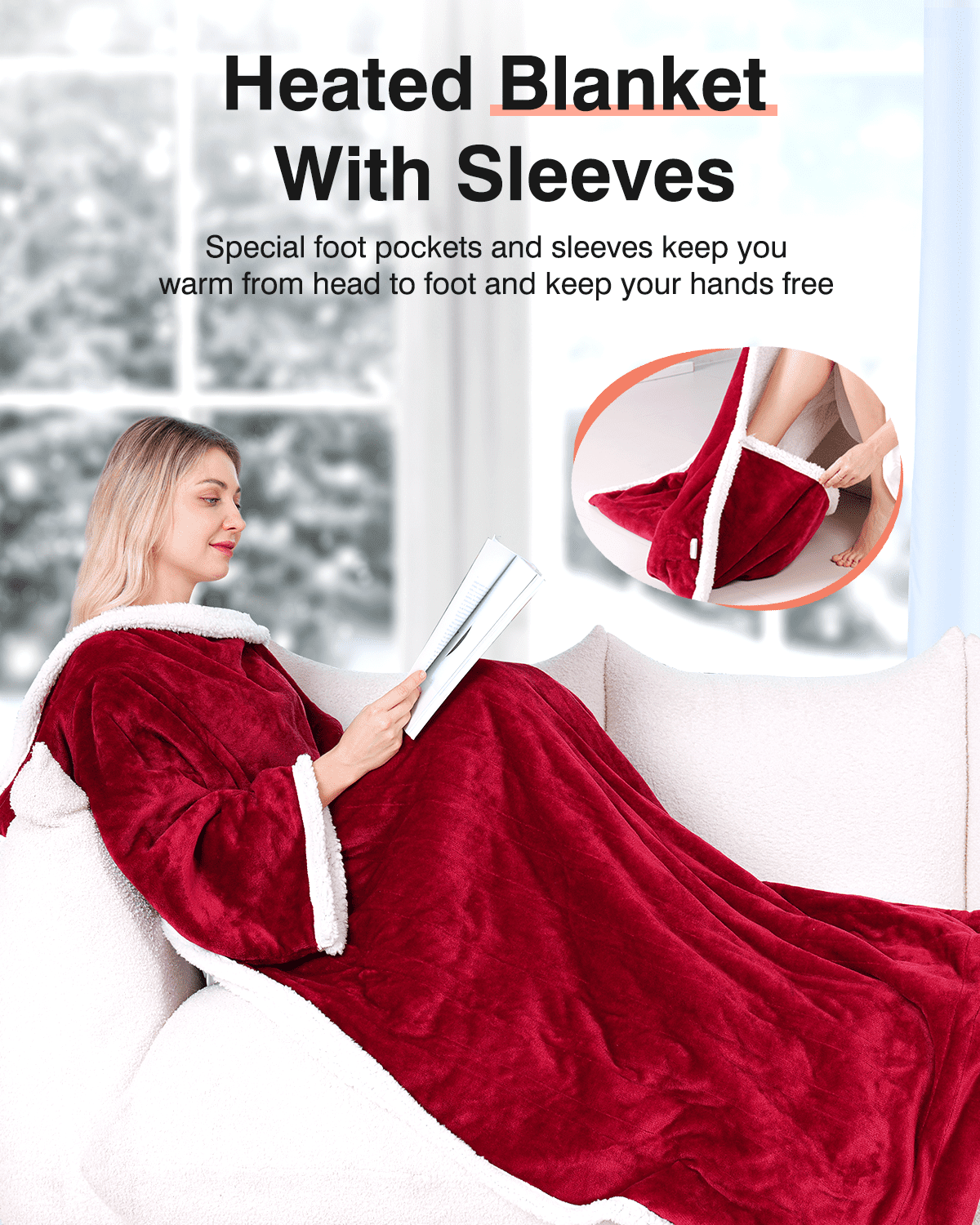 Ocuuziisu Wearable Heated Throw Blanket with Pockets, 50" x 70" Flannel and Sherpa Electric Wrap Poncho Shawl, 4-Hour Auto Shut Off, Machine Washable, Red