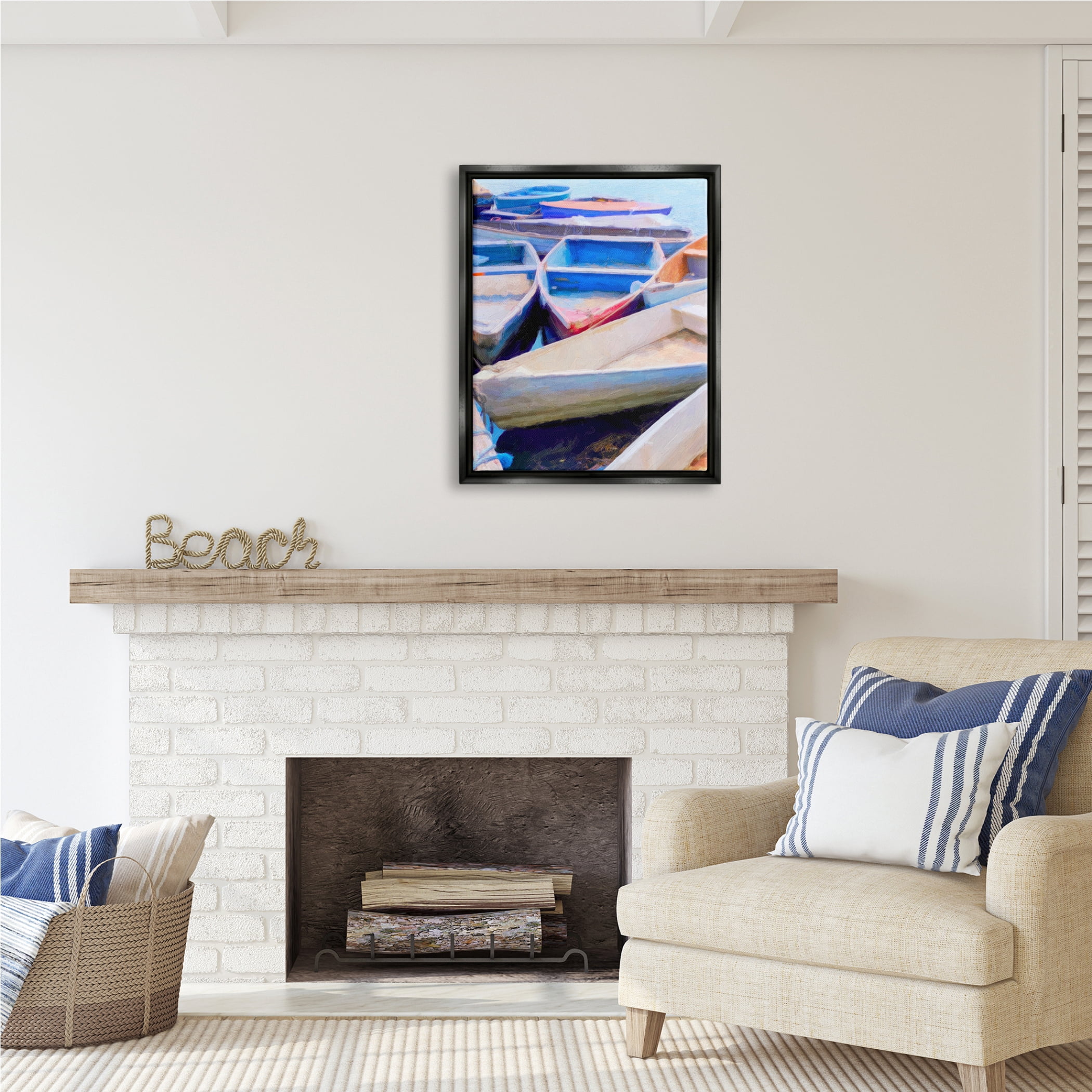 Stupell Industries Rowboats at Dock Painting Transportation Painting Black Floater Framed Art Print Wall Art, 25 x 31