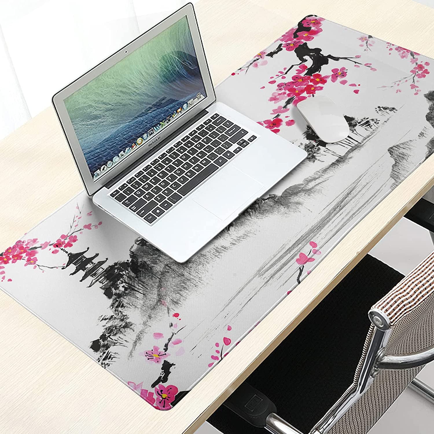 Watercolor Sakura Mouse Pad 35.4 X 15.7 Inch Japanese Hills Cherry Blossom Extended Large Pink Mouse Mat Non-Slip Rubber Base Mousepad with Stitched Edges Waterproof Desk Pad for Gaming&Home Office,XL