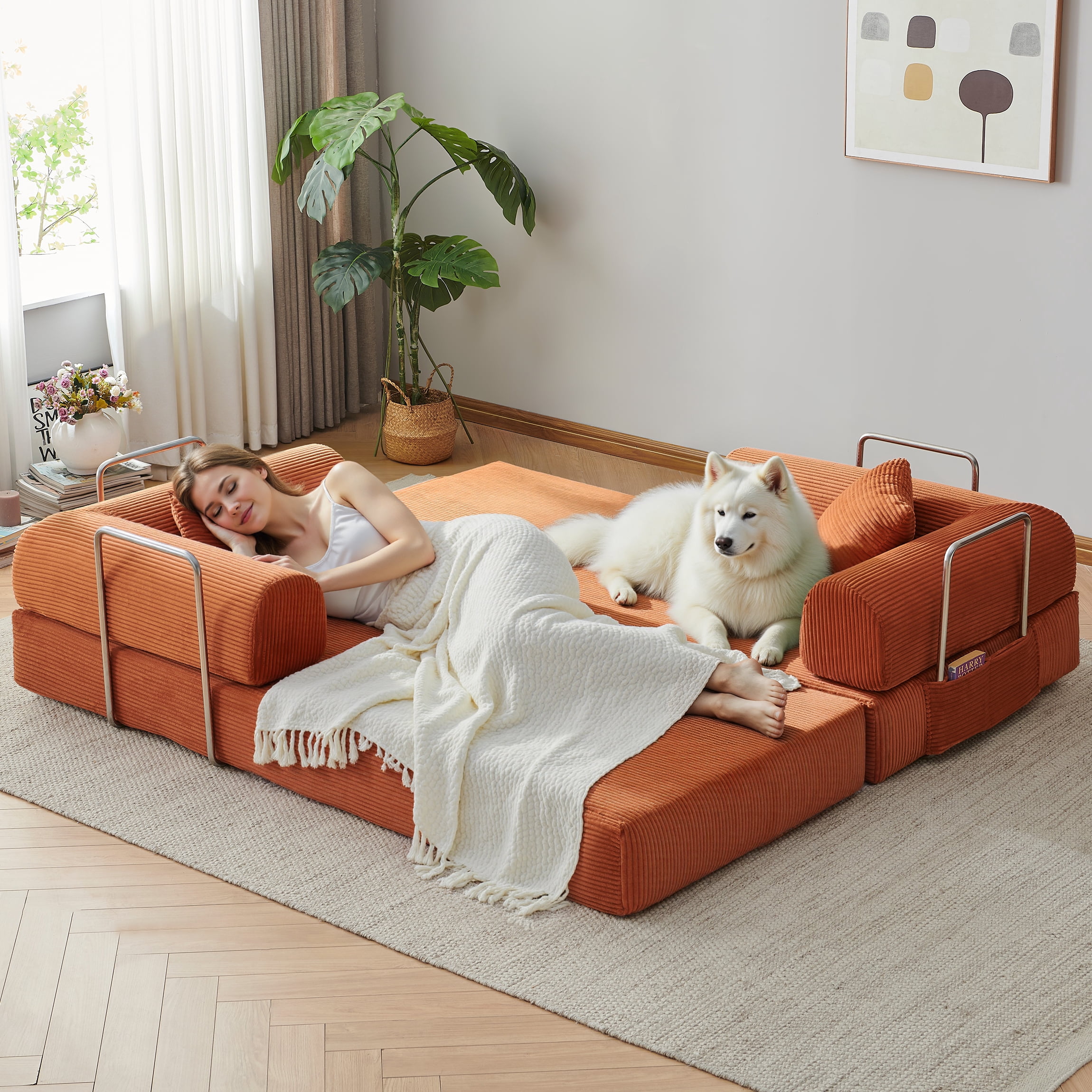 Vanress 78" Convertible Sofa Bed, Folding Sleeper Sofa Couch Bed with Fixed-Shape Frame, Pull-Out Sleeper Loveseat, Corduroy Boneless Futon Bed, No Assembly Required for Living Room & Bedroom, Orang