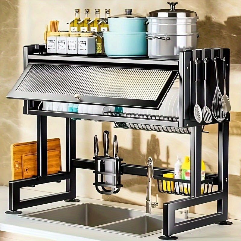 Over The Sink Dish Drying Rack, Over Sink Dish Drain Drying Rack for Kitchen Storage of Dishes and Cutlery, Space Saving Dish Rack with Cover, (Black, 33.5 inch)