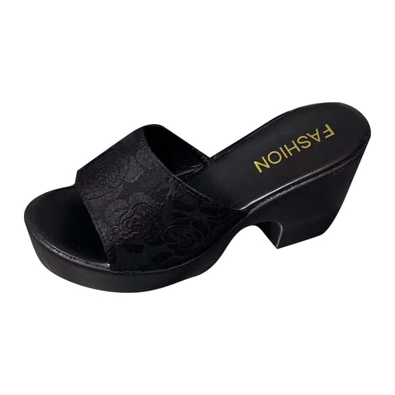 HomeDM Chunky Platform Sandals for Women Slip on Round Open Toe Block Heel Summer Sandals, Black Size 6