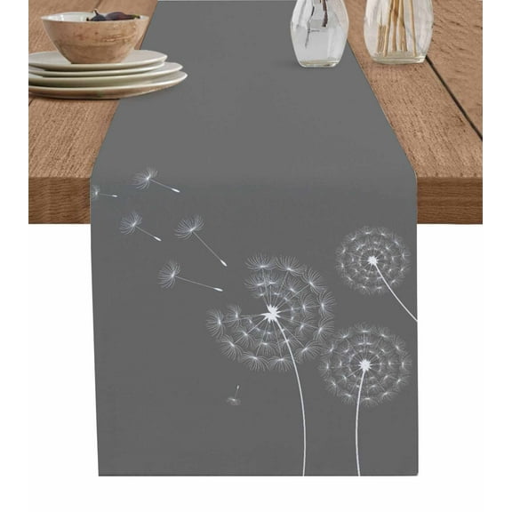 Grey Dandelion Table Runner Cotton Linen 90 Inch Holiday Dresser Scarves, Abstract Art Simple Floral Tablerunner for Kitchen Coffee Dining Bedroom Home Living Room Dinner Scarf Décor 13''x90''