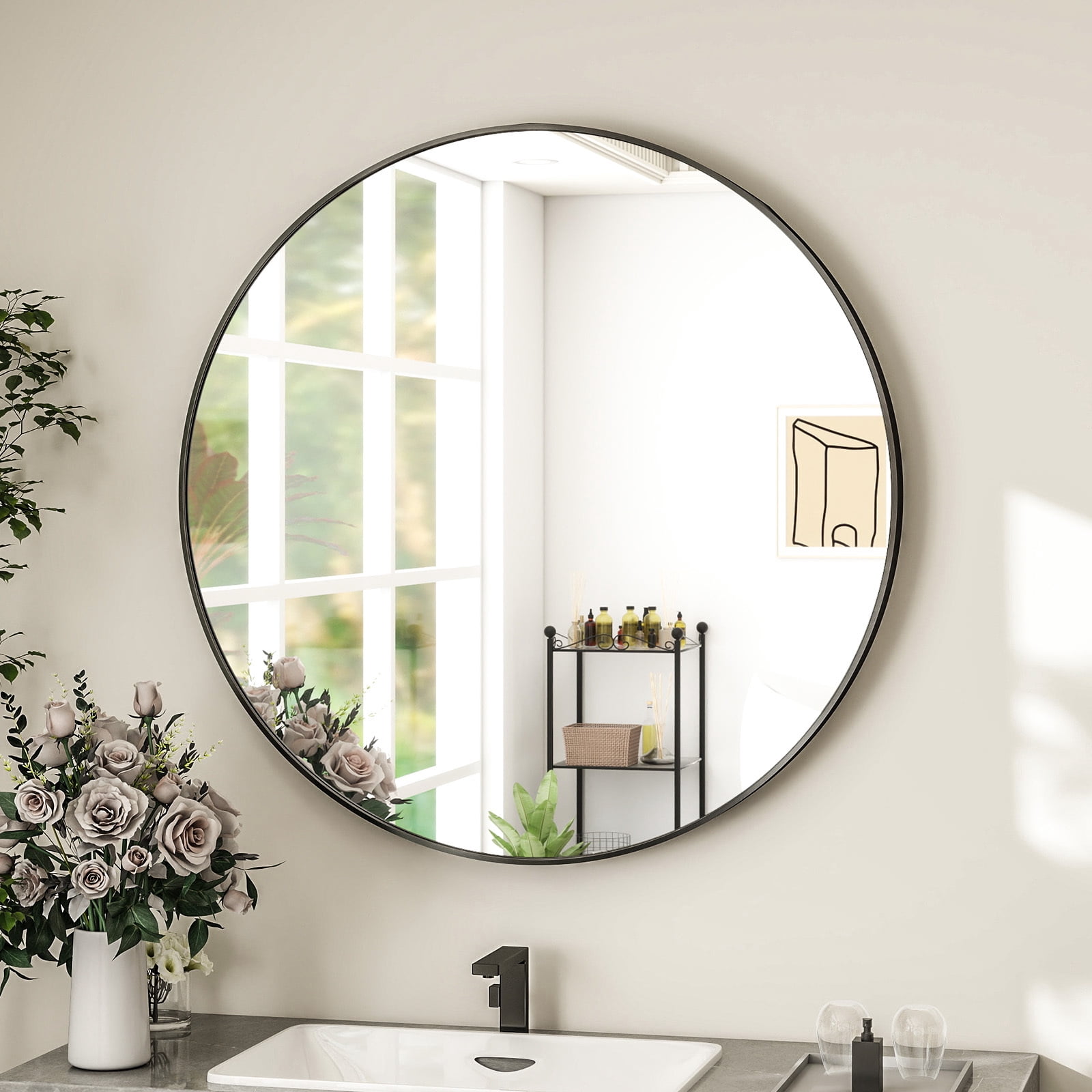 AUROMIR‌ 24" Bathroom Mirror Round Mirror Wall Vanity Mirror with Metal Frame, Black