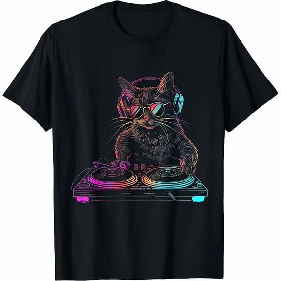 Neon Synthwave Cat DJ Unisex Cat Lover Gift Graphic Short Sleeve Tee Shirt