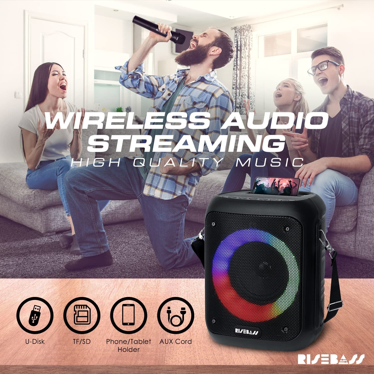 Risebass Portable Karaoke Machine with 2 Wireless Microphones - Bluetooth Rechargeable Speaker with USB/SD/TF Card Support, AUX-in, Voice Record, Tripod Screw Mount and Phone Slot