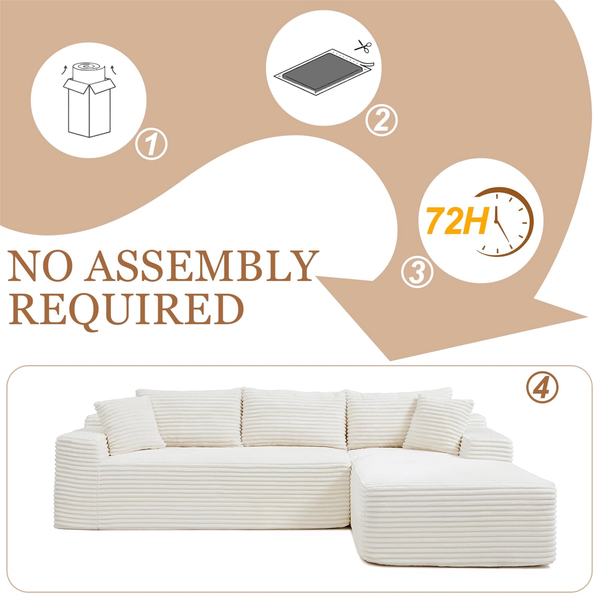 Aukfa 105" Cloud Sectional Sofa Boneless Couch Modular Sofa Bed for Living Room, 2Pillows, Right Chiase, Corduroy, Beige