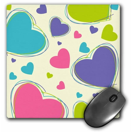 3dRose Purple, Turquoise, Pink Large and Small Scattered Hearts, Mouse Pad, 8 by 8