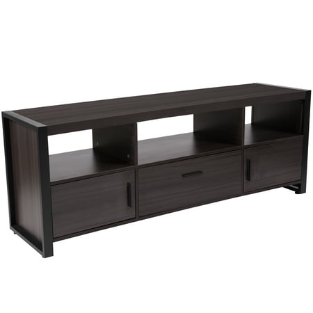 Flash Furniture Thompson Collection Charcoal Wood Grain Finish TV Stand and Media Console with Black Metal