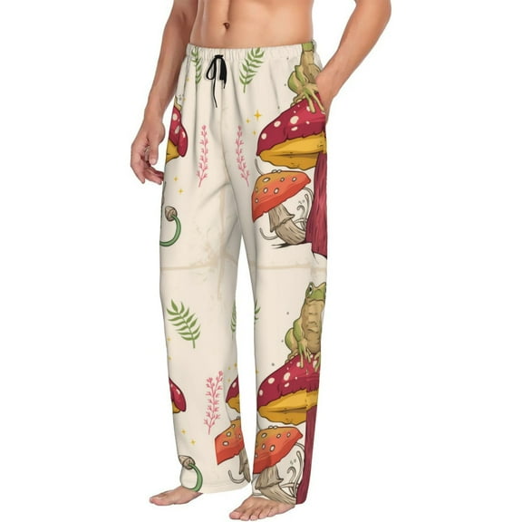 Mens Pajama Pants Bottoms with Pockets - Frog Sitting On Mushroom Comfy Mens Pj Pants, Soft Men Lounge Pants
