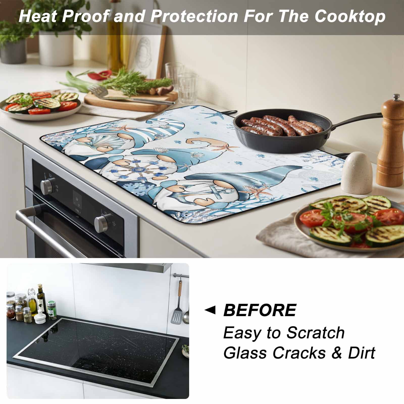 Blue Gnomes Coastal Stove Top Cover for Electric Stove, Heat-proof & Non Slip Glass Top Stove Cover Protector, Nautical Coral Starfish Ocean Summer Kitchen Flat Cooktop Rubber Mat 24x21 Inches