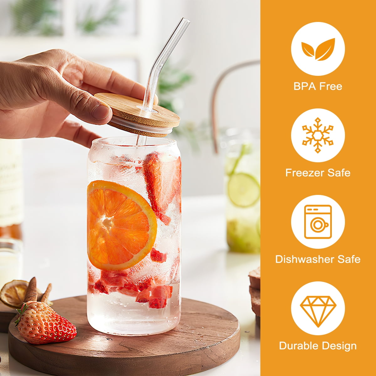 16 OZ Can Shaped Glass Cups, 4 PCS Drinking Glasses with Bamboo Lids and Glass Straw for Beer, Iced Coffee Drinking Glasses, Cute Tumbler Cup for Smoothie, Boba Tea, Whiskey, Water, 1 Set