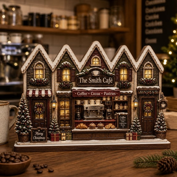 Miniature Christmas House Wooden Plaque Coffee House Wood Tabletop Display for Coffee Lovers