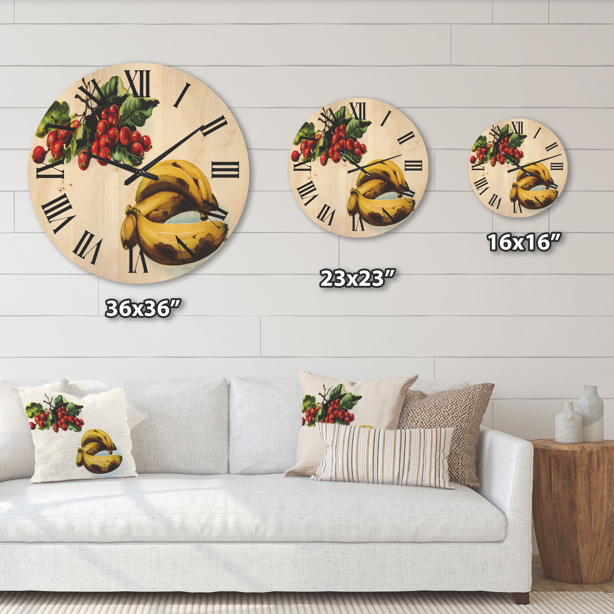 Designart 'Red Berries and Banana' Farmhouse Wood Wall Clock