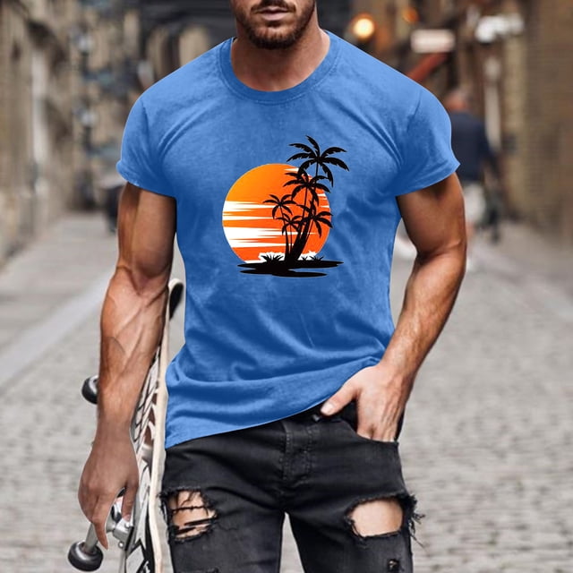 Meichang T-Shirts Graphiques pour Hommes T-Shirts à Col Rond Imprimés 3D Palmier Tropical Coucher de Soleil Coupe Régulière Manches Courtes T-Shirts d'Entraînement T-Shirts d'Été pour Muscles pour Hommes Aubaines de Liquidation 2024 Bleu 2TG
