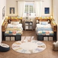 thumbnail image 6 of Corner Bed Frame Twin Size with 6 Drawers and Storage Bookcase, Twin Daybed with Charging Station & Led Lights, Metal Platform Beds for Living Room Bedroom, Brown, 6 of 16
