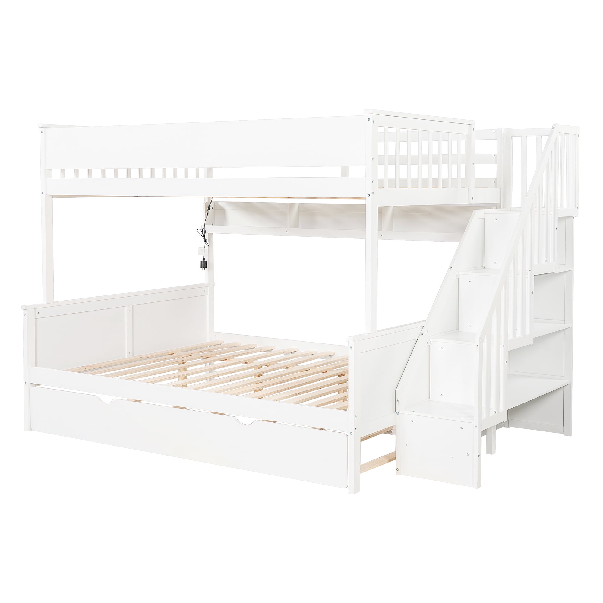Euroco Full XL over Queen Bunk Bed with Storage Staircase and Shelves, Wood Bed with Trundle and LED Light, White