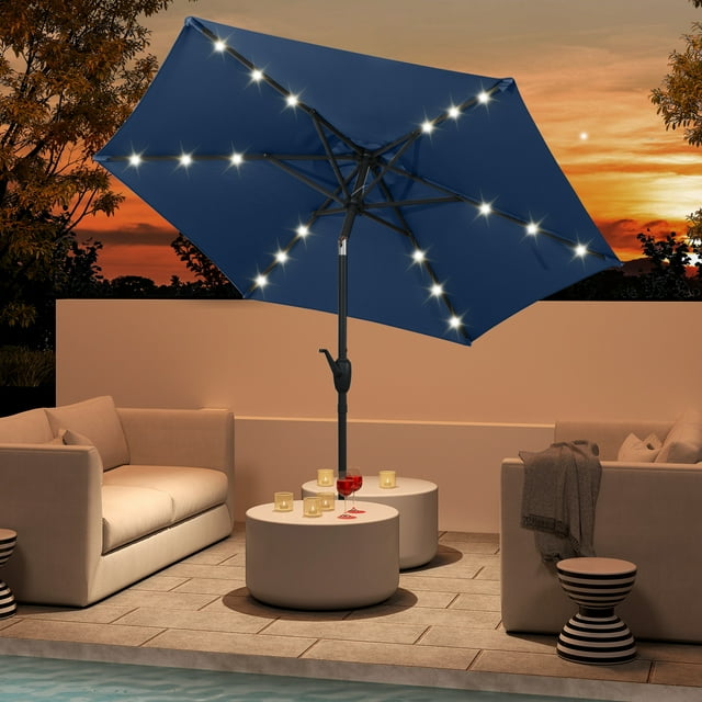 Costway 7.5 ft Solar Powered Patio Umbrella with LED Lights Push Button Tilt Crank Handle Navy