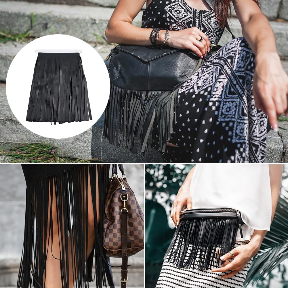 1Pc 2M PU Leather Suede Fringe Trim 0.39inch Width Black Tassel Ribbon Double Side Leather Sewing Tassel Fringe