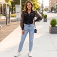 thumbnail image 6 of Domzest Women’s Vintage Faux Denim Shirt Sheer Mesh Long Sleeve Denim Tops Button Down See Through Jean Top with Chest Pocket Black S, 6 of 7