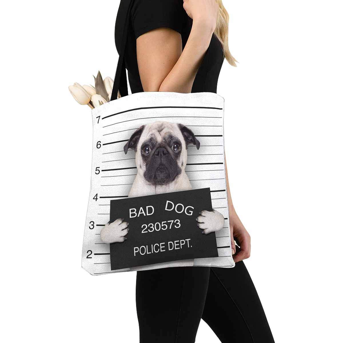HATIART Funny Cute Pug Dog Holding a Banner Canvas Reusable Tote Bag Durable Shopping Tote Bags Book Bags for Women Men Kids