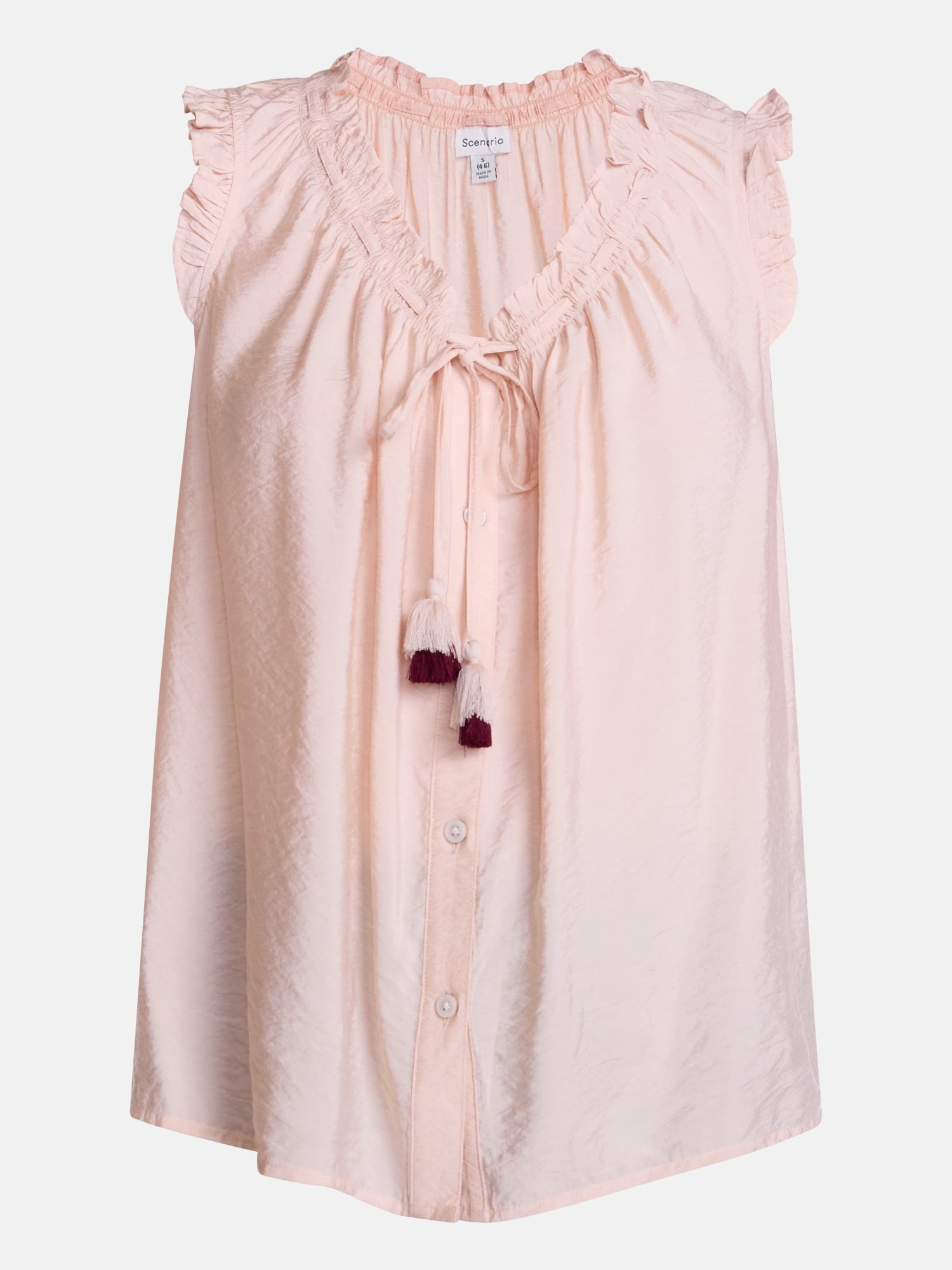 Scenario Women's and Women's Plus Ruffle Neck Tank Top with Tie Front, Sizes XS-4X