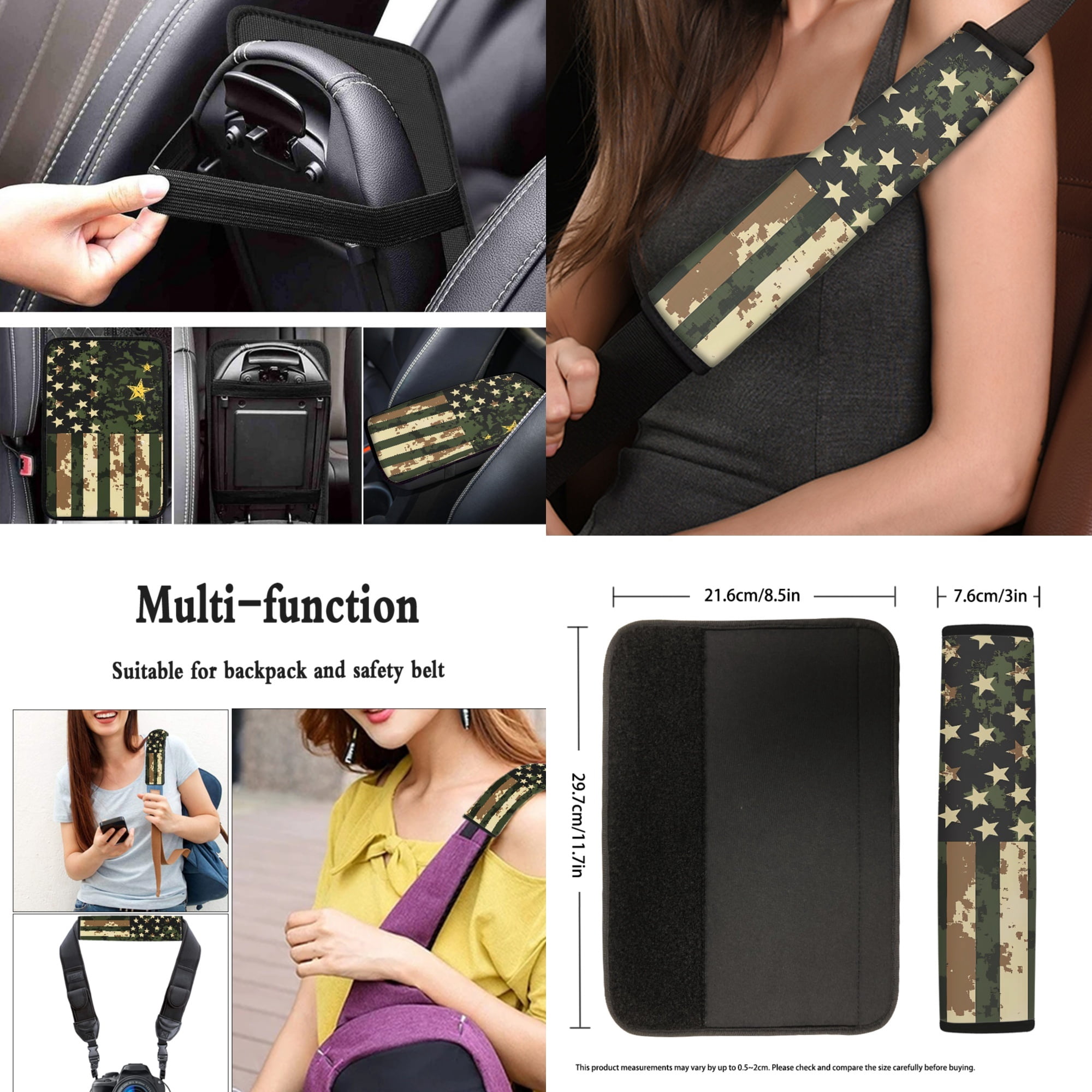 Jeiento 13 PCS Car Seat Covers Set with American Military Flag Steering Wheel Cover Seat Belt Pads Armrest Cover Coasters Keychain for SUV Van Truck Auto Interior Accessories