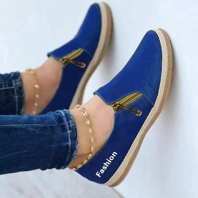 nsendm Female Shoes Adult Summer Wedges for Women Round Toe Shallow Mouth  Side Zipper Flat Casual Shoes Casual Shoes Women Size 8 Blue 8.5 