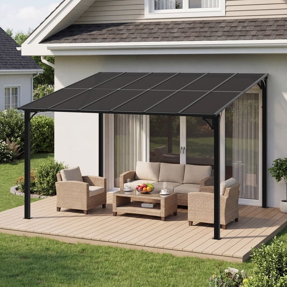 10’ x 12’ Wall-Mounted Gazebo with Polycarbonate Roof Panels, Lean-to Pergola Patio Cover with Aluminum Frame, Outdoor Awning for Backyard, Porch & Deck