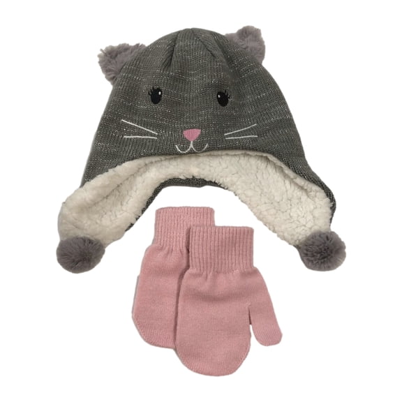Toddler Girls Plush Gray Sparkle Mouse Beanie Trapper Hat & Mittens Set 2T-4T