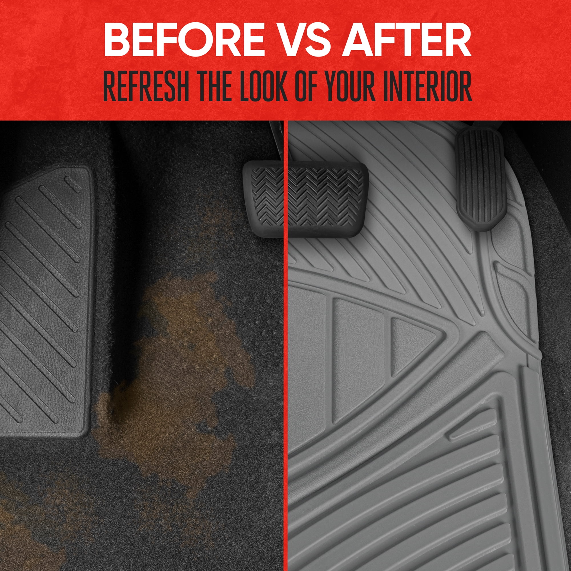 MOTOR TREND & BDK Heavy Duty Gray Rubber Car Mats Full Set - Universal Trim-To-Fit All Weather Floor Mats - Floor Mats for Car Accessories - Front & Back Interior Floor Mats for Truck Accessories