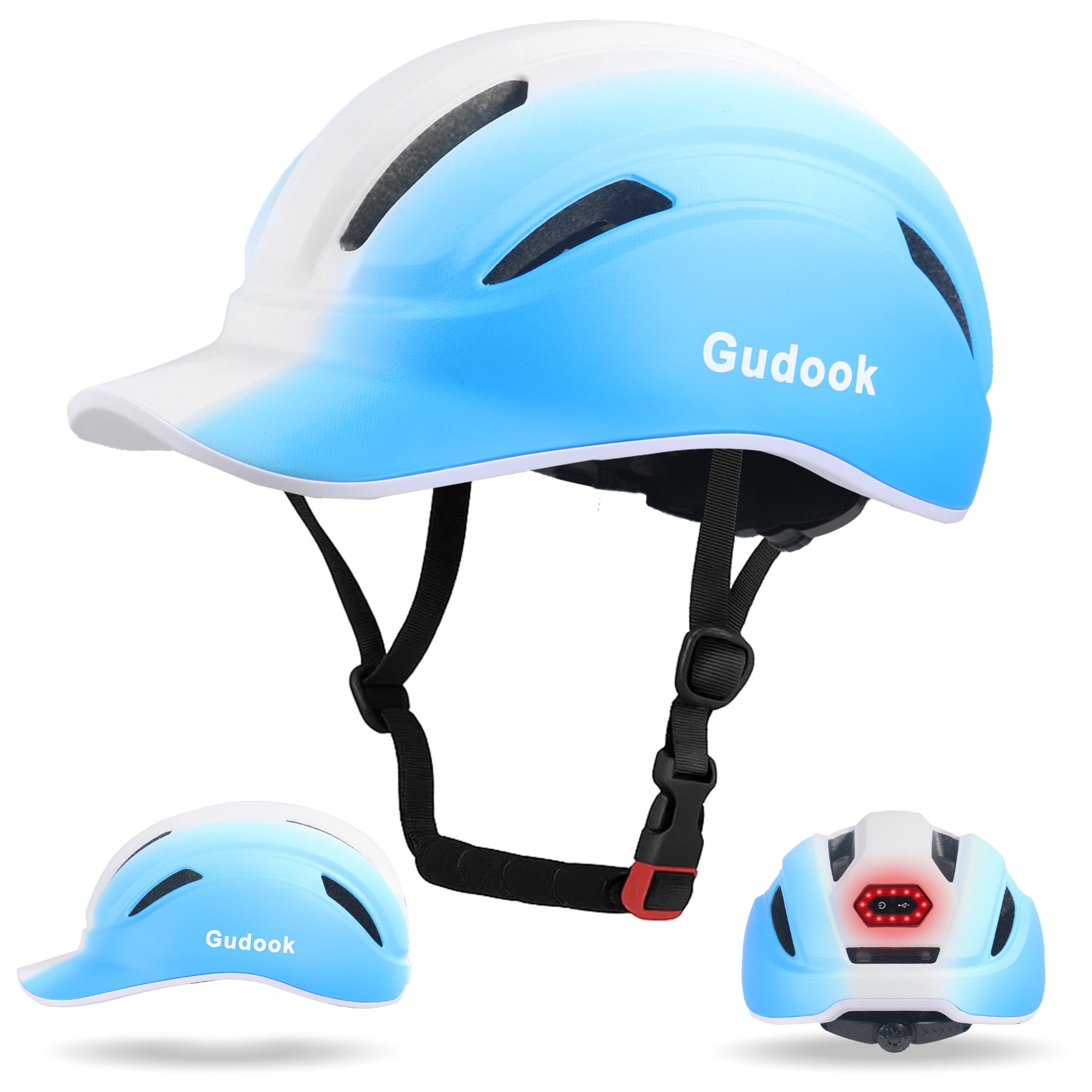 Gudook Adult Bike Helmet for Men - Women Bicycle Helmet with LED Rear Light - Certified Comfort Adjustable Baseball Cap Style Cycling Helmets for Urban Commuter Road Biking Scooter